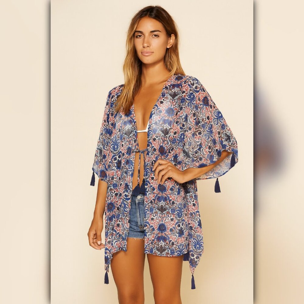 * A619 • Blue Floral Tassel Open Front Kimono Cover Up
